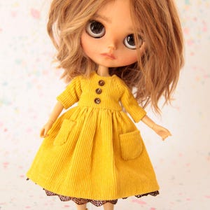 Needlecord Raglan Sleeve Dress for Blythe Doll with Pockets and 3/4 Length Sleeves