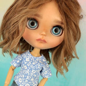 Blythe Doll T-Shirt: Blue Floral Cotton Jersey, Short Sleeved