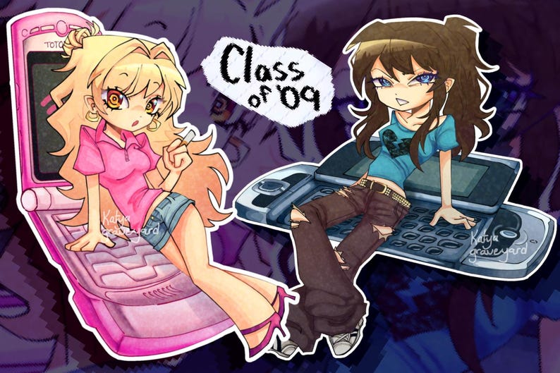 May include: An illustration featuring two anime-style figures with mobile phones. One is on a pink flip phone, wearing a pink top and denim shorts. The other is on a silver phone, wearing a blue top and ripped trousers. The text "Class of '09" is in the centre.