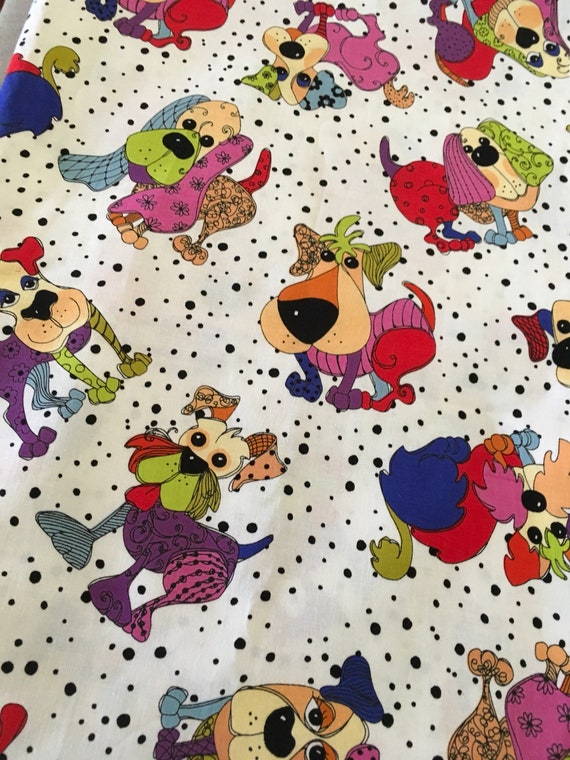 Loralie Designs Tossed Happy Dogs Fabric Cotton Wht Background Sold By The Yard