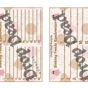 May include: Two pink and brown patterned cards with the text "Drop Dead Budgets" and "Sinking Funds Randomizer" on them. The cards have numbers 1-20 on the left card and 7-12 on the right card.