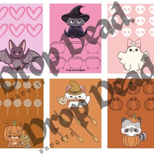 May include: A set of six printable Halloween themed digital papers. The papers feature a variety of cute Halloween designs, including bats, pumpkins, ghosts, candy, and witches. The papers are perfect for creating Halloween cards, invitations, party decorations, and more.