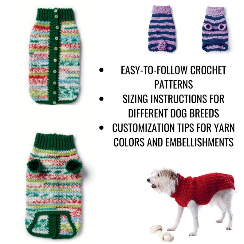 Puede incluir: La imagen presenta varios su&eacute;teres para perros de ganchillo en varios estilos y colores, incluido un su&eacute;ter rojo en un perro. La imagen tambi&eacute;n incluye el texto "EASY-TO-FOLLOW CROCHET PATTERNS", "SIZING INSTRUCTIONS FOR DIFFERENT DOG BREEDS" y "CUSTOMIZATION TIPS FOR YARN COLORS AND EMBELLISHMENTS."