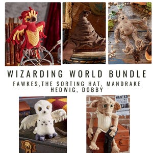 May include: A collection of crocheted Harry Potter characters, including Fawkes the Phoenix, the Sorting Hat, Mandrake, Hedwig the Owl, and Dobby the House-Elf.