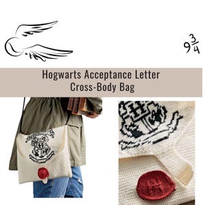 May include: A white crocheted bag shaped like a Hogwarts acceptance letter with a red wax seal. The bag has a black and white embroidered Hogwarts crest and a black strap. The bag is being worn by a person.