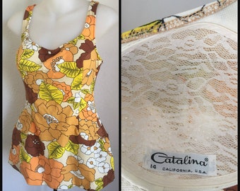Vintage 1960s Mod Bathing Suit - Floral 60s Catalina Swimsuit - Women Small S