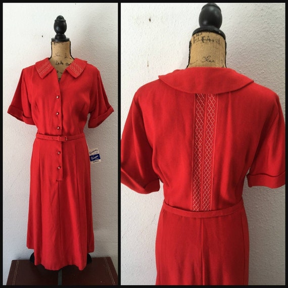 1940s Red Dress in Rayon, Vintage 40s Party Dress,