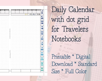 Daily Calendar with dot grid for Travelers Notebooks | Printable Digital Download | Standard Size TN