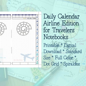 Daily Calendar Airline Edition with dot grid, spiraldex for Travelers Notebooks | Printable Digital Download | Standard Size TN