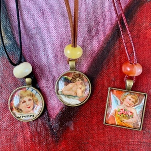 Decoupage collage ephemera pendant OOAK