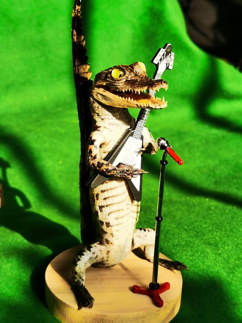 May include: A taxidermied alligator holding a black electric guitar and standing on a wooden base with a microphone stand.