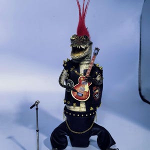 Alligator Decor with Punk Leather Jacket and Rock Style Hair | Quirky Animal Art Display, Oddities Decor, Unique Home Decor Gift