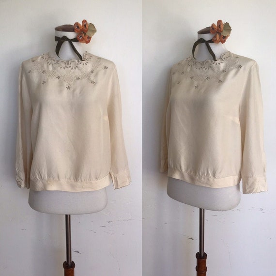 1930s Silk Eyelet Button Back Blouse