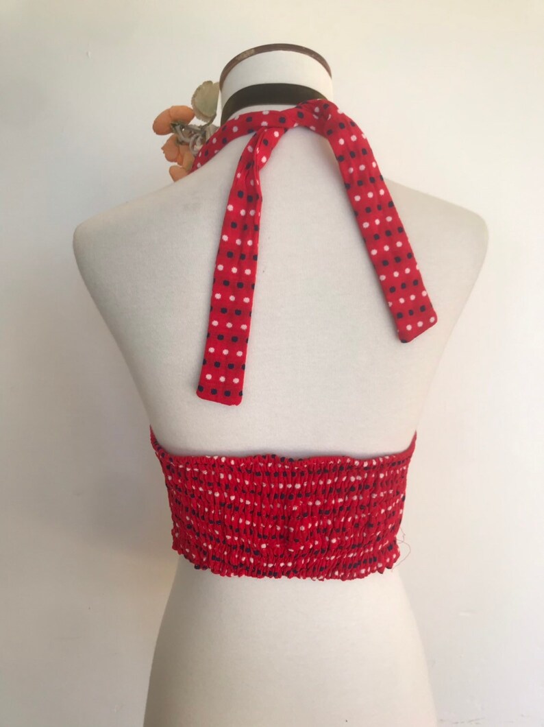 Sweet Red Navy /& White Polka Dot 70s Halter Top