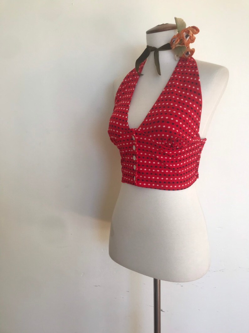 Sweet Red Navy /& White Polka Dot 70s Halter Top