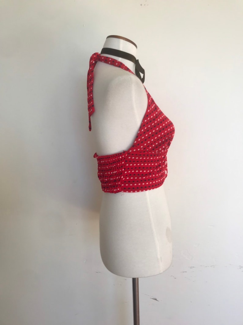 Sweet Red Navy /& White Polka Dot 70s Halter Top