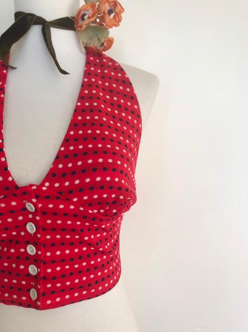 Sweet Red Navy /& White Polka Dot 70s Halter Top