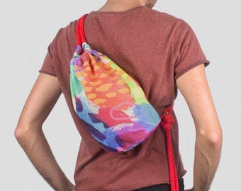 Handmade Mini Drawstring Backpack in Printed Cotton Canvas - Rain Bow Pattern