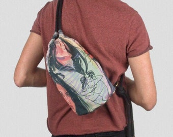Handmade Mini Drawstring Backpack in Printed Cotton Canvas - Sketchbook Pattern
