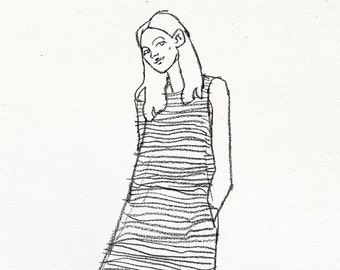 Striped Dress Original Sketch - 13" x 17"