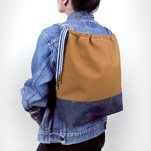 Handmade Canvas Backpack Caramel with Navy Rubber Coating image 2