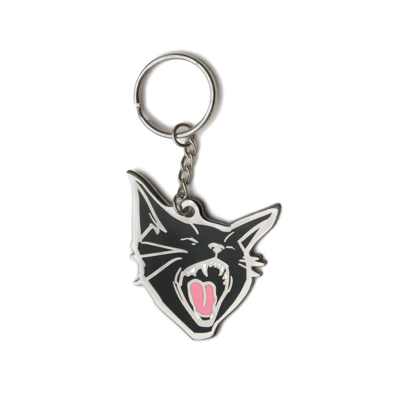 Black Pussy Cat Enamel Keychain Silver or Gold Silver