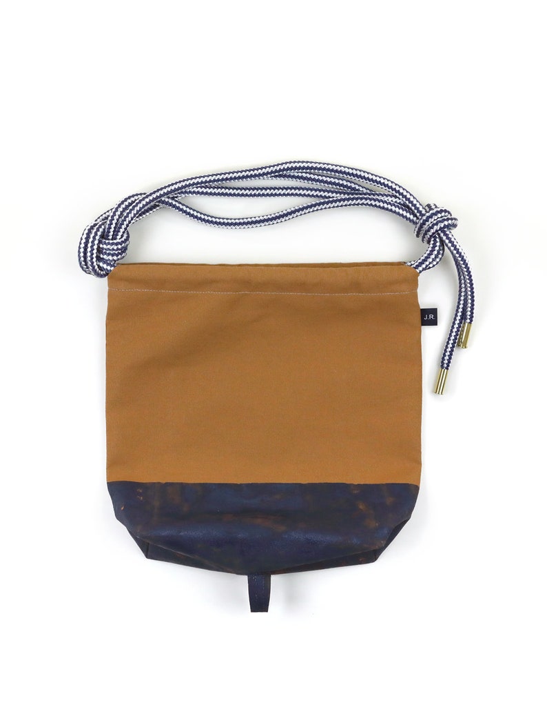 Handmade Canvas Backpack Caramel with Navy Rubber Coating image 3