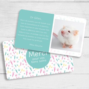 Carte de remerciement vétérinaire NAC personnalisée – Photo + message, motif empreintes de rat ou souris