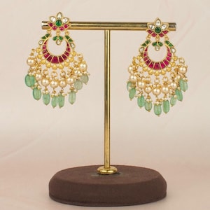 Kundan Chandbali-oorbellen met bloemen, feestelijke Kundan-oorbellen, Chandbali-bruidsoorbellen