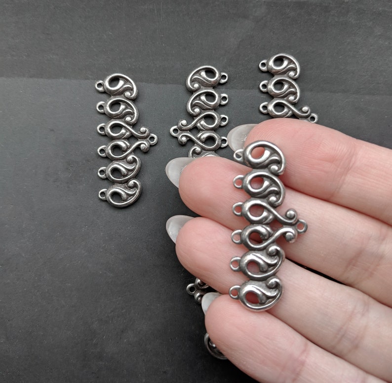 Bracelet Bars or Connectors with Six Loops Art Nouveau Baroque Neo Victorian Antiqued Sterling Silver Plated over Brass 6 Pieces