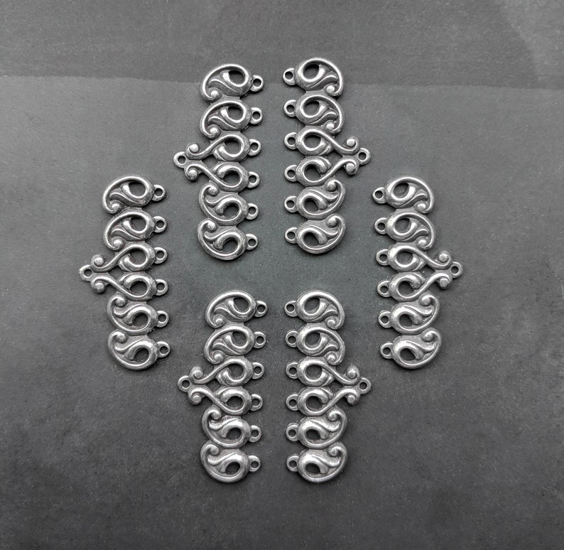 Bracelet Bars or Connectors with Six Loops Art Nouveau Baroque Neo Victorian Antiqued Sterling Silver Plated over Brass 6 Pieces