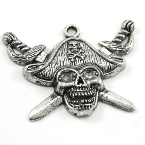 LARGE ANTIQUED SILVER PIRATE PENDANT with DOUBLE SWORDS and CAPTAIN's HAT - WITH EYE HOLES for GEMSTONES - AWESOME