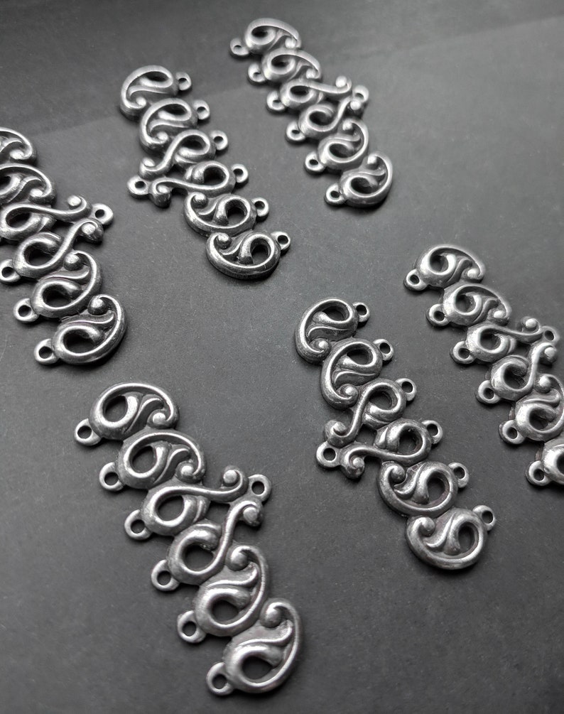 Bracelet Bars or Connectors with Six Loops Art Nouveau Baroque Neo Victorian Antiqued Sterling Silver Plated over Brass 6 Pieces