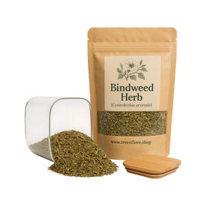 May include: A brown paper bag with a white label that says "Bindweed Herb (Convolvulus arvensis)" and a website address. The bag is filled with dried green herbs. A glass jar with a wooden lid is spilling the dried herbs onto a white surface.