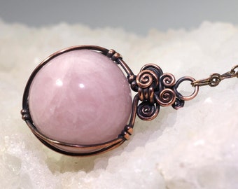 Rose Quartz Sphere Pendant Necklace -Natural Pink Gemstone Crystal Ball Wire-Wrapped with Nickel Free Copper, Healing Hypoallergenic Jewelry