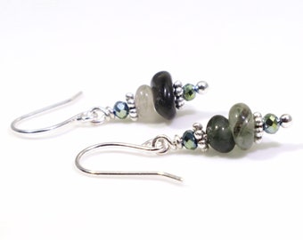 Actinolite Quartz Dangle Earrings: Healing Natural Gemstones & Green Crystals, Handmade Minimalist Nickel-Free Hypoallergenic Silver Drops