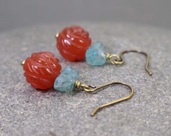 Carnelian & Blue Apatite Crystal Dangle Earrings: Healing Orange Agate Gemstones Wire-Wrapped, Nickel Free Hypoallergenic Copper or Silver