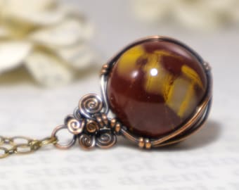 Dreamy Red & Yellow Mookaite Jasper Sphere Pendant Necklace - OOAK Natural Gemstone Crystal Ball Wire-Wrapped, Healing Hypoallergenic Copper