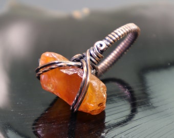 Raw Carnelian Rustic Rock Ring - Earthy, Chunky, Rough Gemstone Cocktail Statement Jewelry, Hypoallergenic Antiqued Copper Beachcombing Find