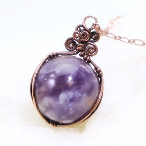 Purple Chalcedony Sphere Pendant Necklace - OOAK Natural Lavender Gemstone Crystal Ball Wire-Wrapped, Healing Antiqued Copper