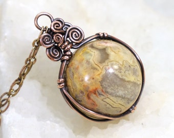 Yellow Crazy Lace Agate Sphere Pendant Necklace - OOAK Natural Gemstone Crystal Ball Wire-Wrapped, Healing Hypoallergenic Copper