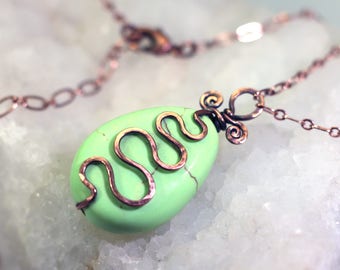 Lemon Chrysoprase Pendant Necklace: Hammered Hand Forged Copper Squiggle, Mint Green Gemstone, Adjustable Hypoallergenic Chain DoodlepunkArt