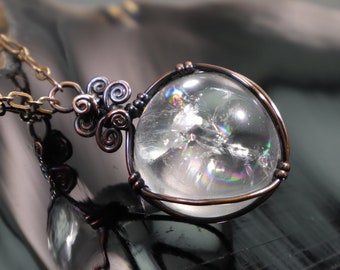 Rainbow Quartz Sphere Pendant: Wire-Wrapped Copper, Hypoallergenic Chain