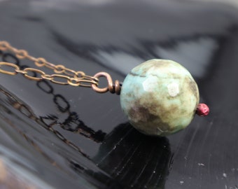 Chrysoprase Sphere Necklace: Crystal Ball Pendant, Natural Healing Gemstone, Handmade Antiqued Copper Jewelry, Boho Chic, Simple Design
