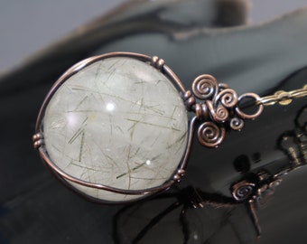 Actinolite Quartz Sphere Pendant Necklace: Witches Fingers Gemstone Crystal Ball, Wire-Wrapped, Nickel Free Copper, Thetis Hair Stone Orb