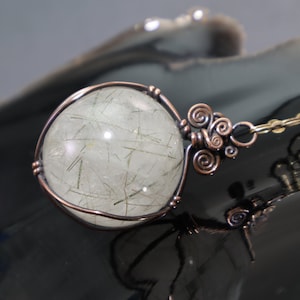 Actinolite Quartz Sphere Pendant Necklace: Witches Fingers Gemstone Crystal Ball, Wire-Wrapped, Nickel Free Copper, Thetis Hair Stone Orb
