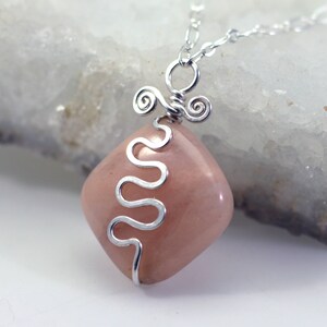 Pink Calcite Pendant Necklace: Hammered Hand-Forged Silver-Filled Rustic Wire Squiggle, Peach Gemstone, Adjustable Chain, OOAK DoodlepunkArt