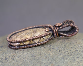 Jasper Wire Weave Pendant: Washington State Jasper Gemstone Wire-Wrapped Hypoallergenic Copper Jewelry, Neutral Colors, Earth Tones, OOAK