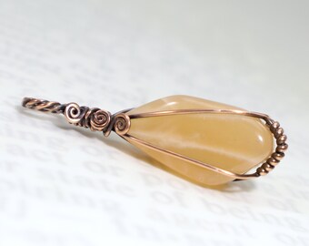 Peach Moonstone Pendant: Coral Pink Healing Gemstone Wire-Wrapped with Hypoallergenic Nickel Free Oxidized Copper, OOAK Crystal Jewelry