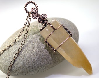 Golden Healer Lemurian Crystal Pendant Necklace: Wire Wrapped Rough Amphibole Quartz, Actinolite, Nickel Free Copper, Hypoallergenic Jewelry